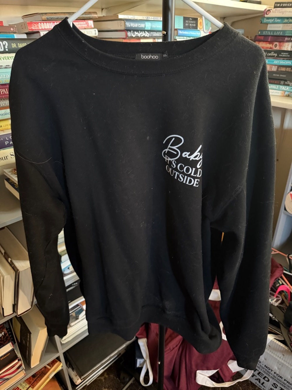 Boohoo Black Crewneck Sweater with 'Baby It's Cold Outside' Script